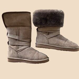Lamo Brown Suede Boots Gray Fold Over Faux Fur Water Resistant Sz 9.5‎